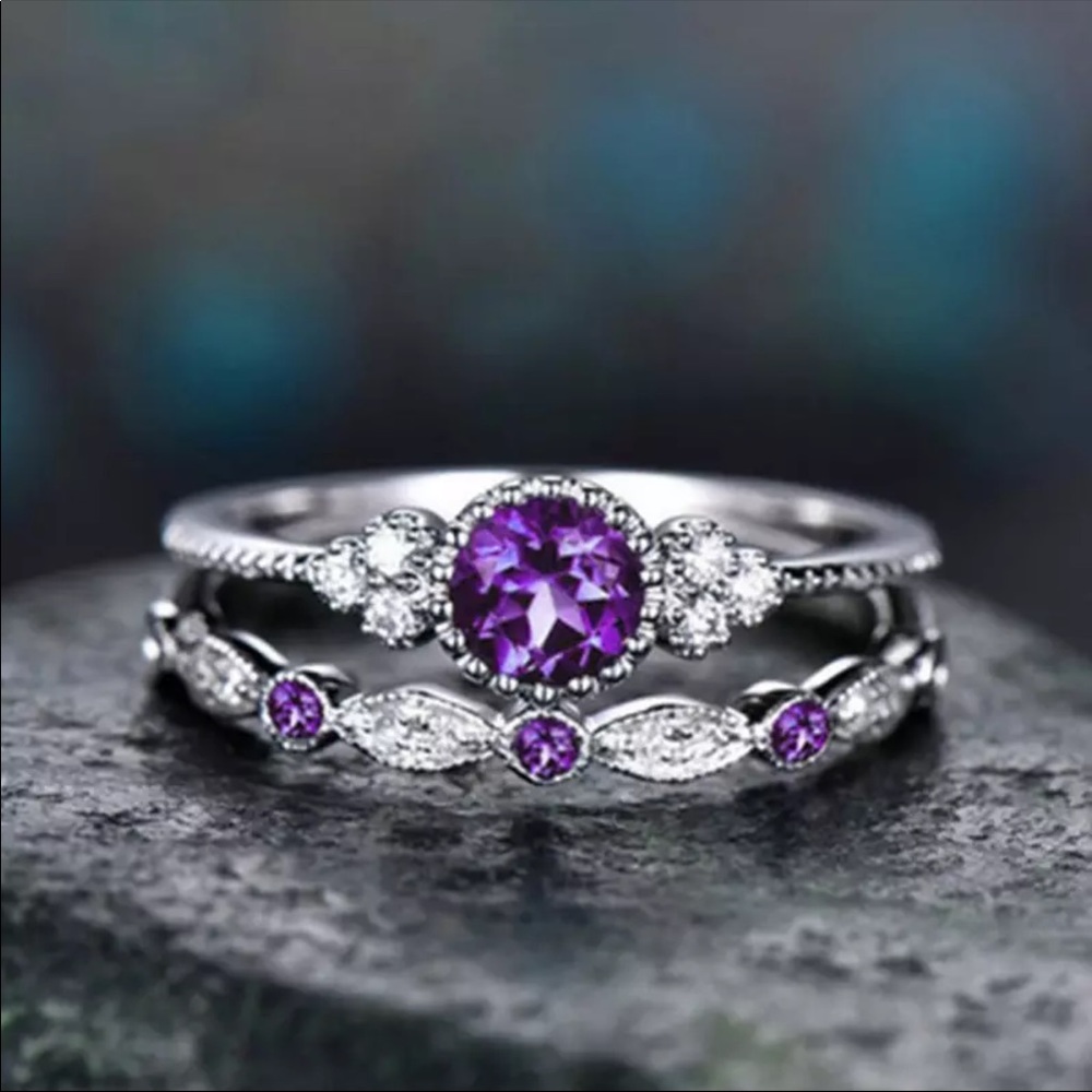 New 2Pcs/Set Blue Purple Zircon Engagement Rings